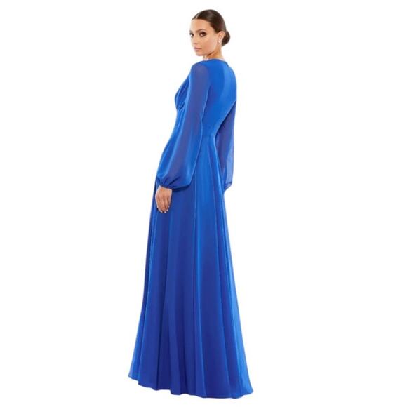 Mac Duggal NWT Size 10 55682 Royal Blue V-Neck Illusion Long Sleeve Chiffon Gown - Picture 2 of 10